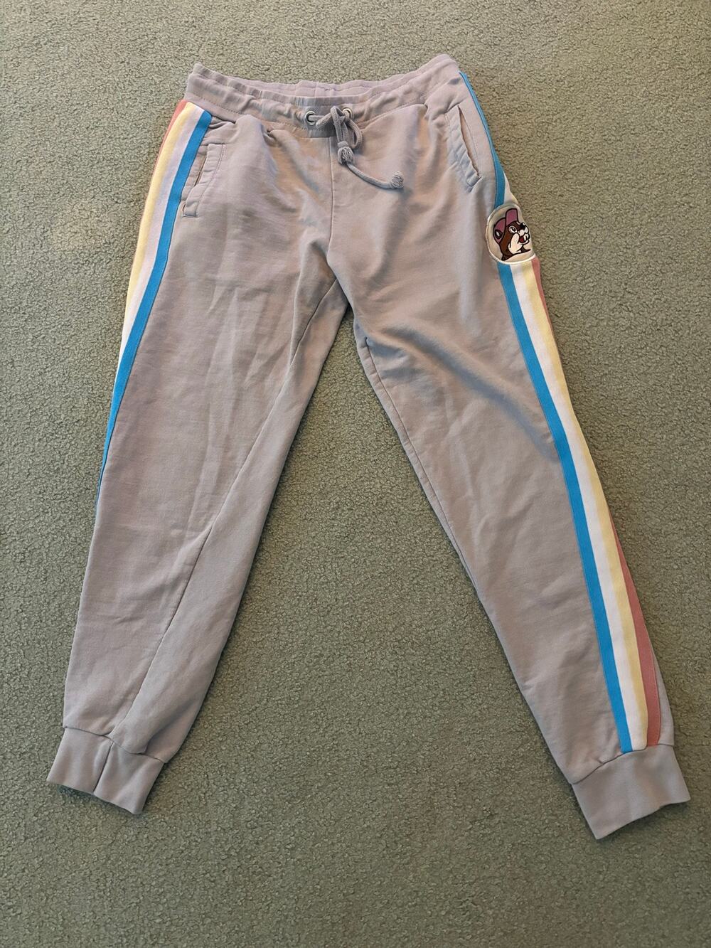 Buc-ee's Grey Jogger Sweatpants Kids Youth Large Retro Rainbow Side Stripe
